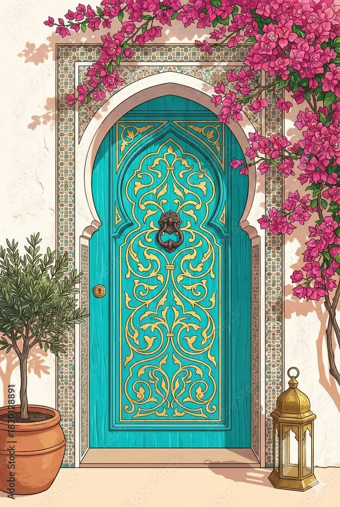 An arched turquoise door framed by bougainvillea